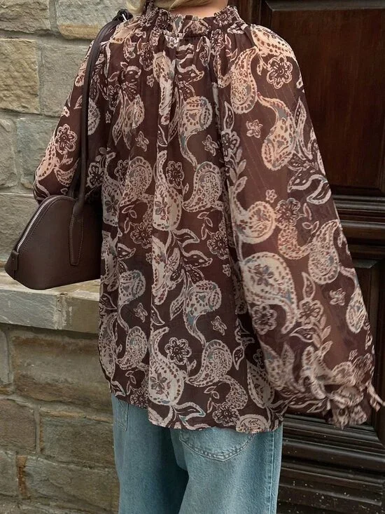 Coffee Brown Boho Women's Cashew Flower Print Shirt - Picture 2 of 8